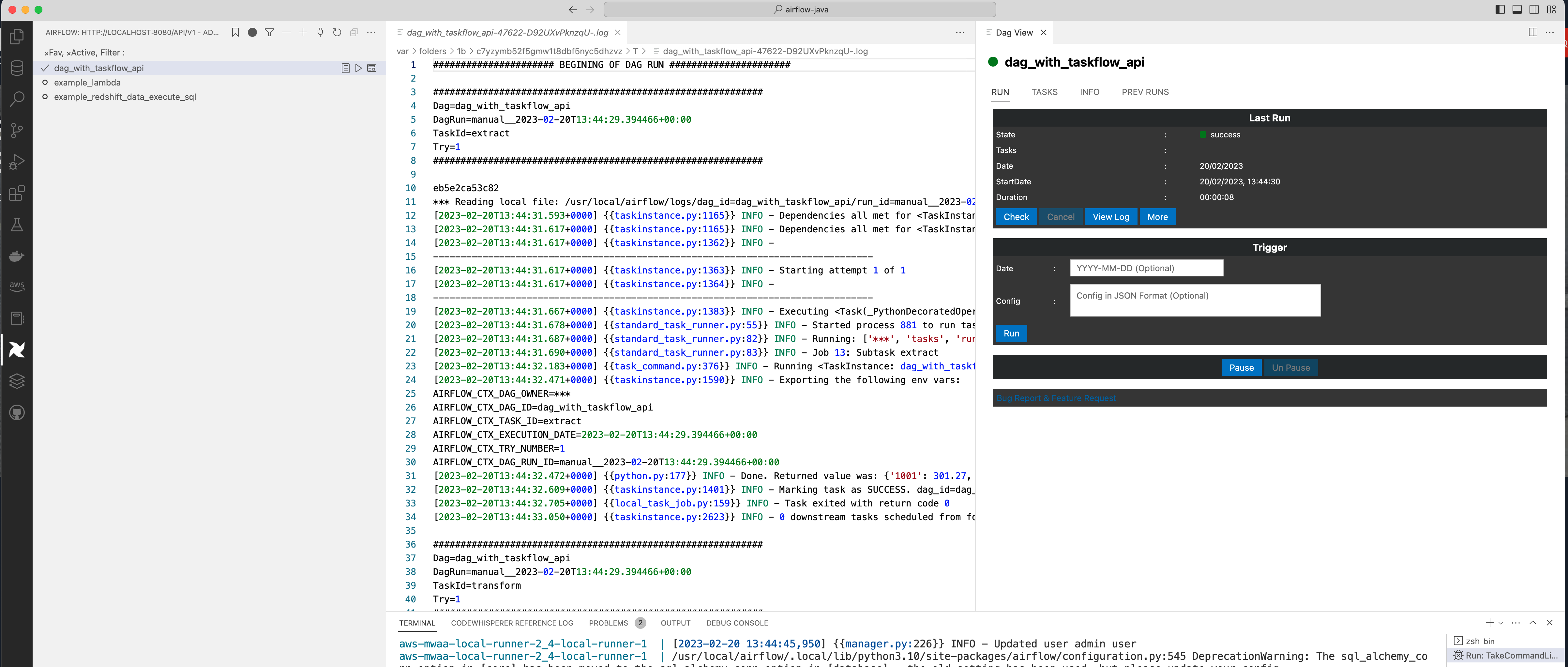 screenshot of VSCode plugin working with mwaa-local-runner